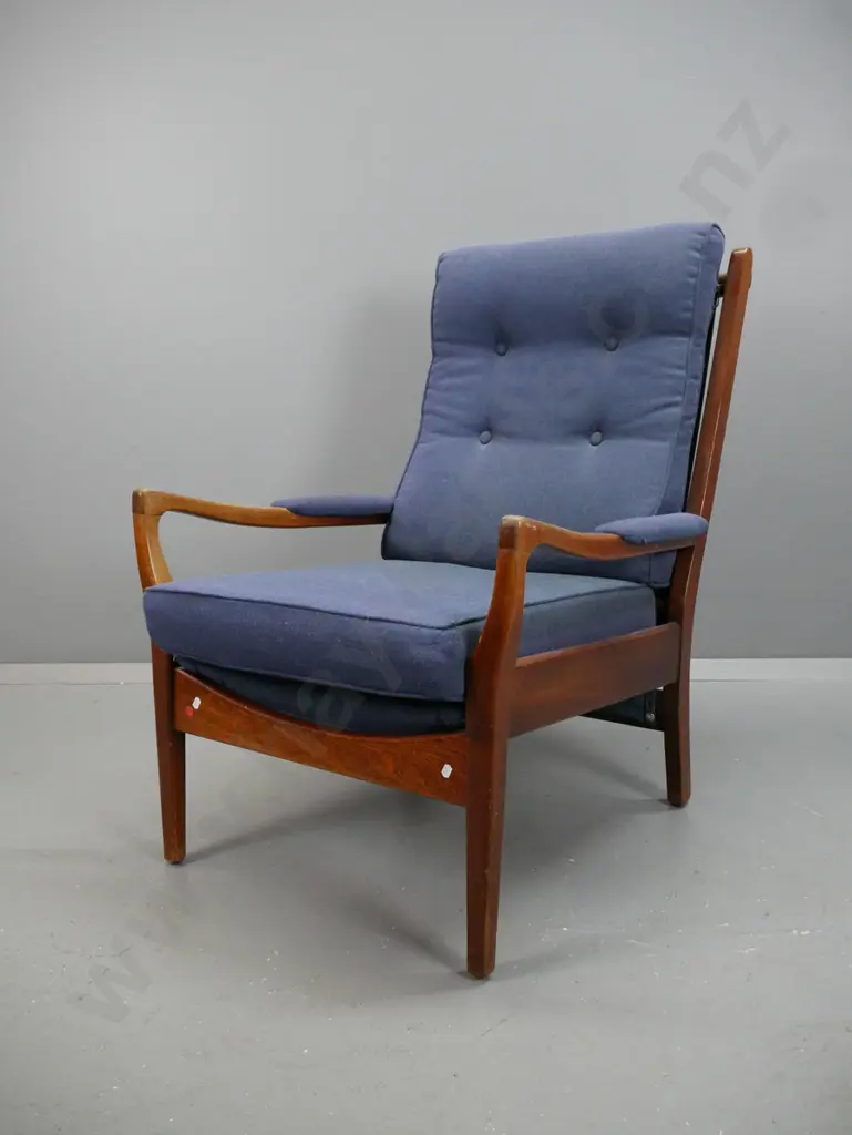 retro open-arm armchair with button back, sprung seat and back with lift out seat cushion - some wear to surface on arms Image 1++
