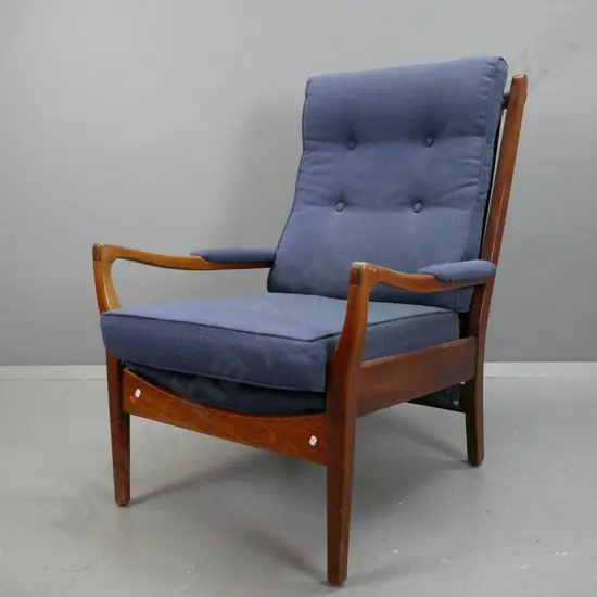 retro open-arm armchair with button back, sprung seat and back with lift out seat cushion - some wear to surface on arms