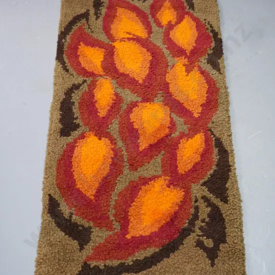 retro wool floor rug with geometric foliate pattern in red, orange and brown - some wear L-1390 W-700
