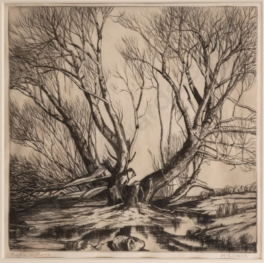 McLintock (Dr. Alexander) vintage framed signed etching "Winter Willows" - some waving to paper H-260 W-260 Image 1++