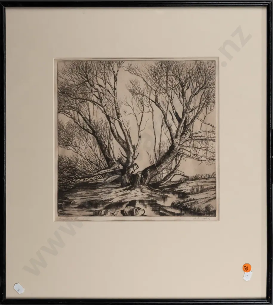 McLintock (Dr. Alexander) vintage framed signed etching "Winter Willows" - some waving to paper H-260 W-260 Image 1++