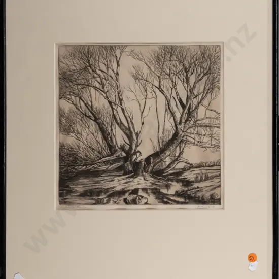McLintock (Dr. Alexander) vintage framed signed etching "Winter Willows" - some waving to paper H-260 W-260