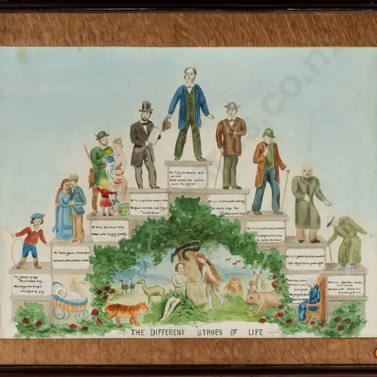 vintage framed ink & watercolour - "The Different Stages of Life" - some spots and fading H-330 W-430