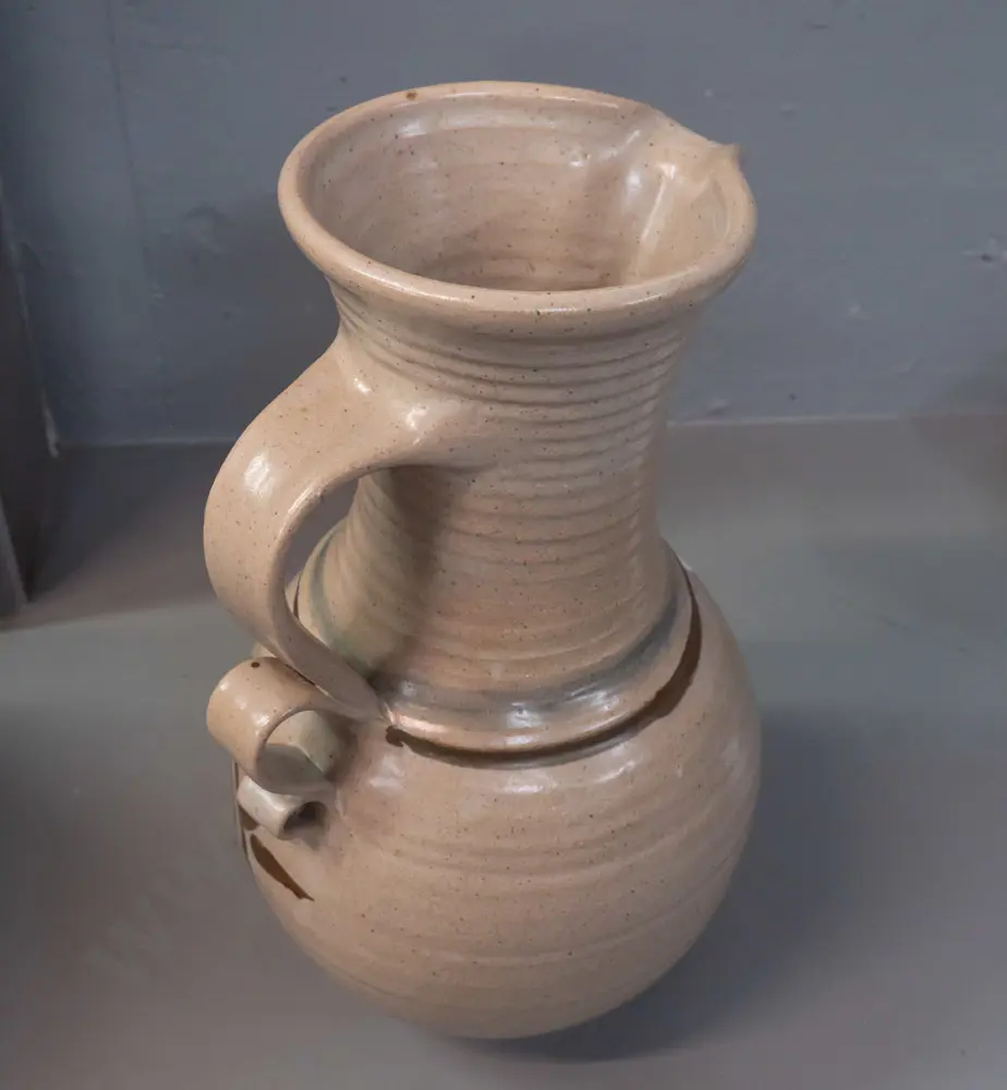 large New Zealand studio pottery ewer shaped jug with ribbed neck, applied handle, scrolling decoration - no maker's Image 1++