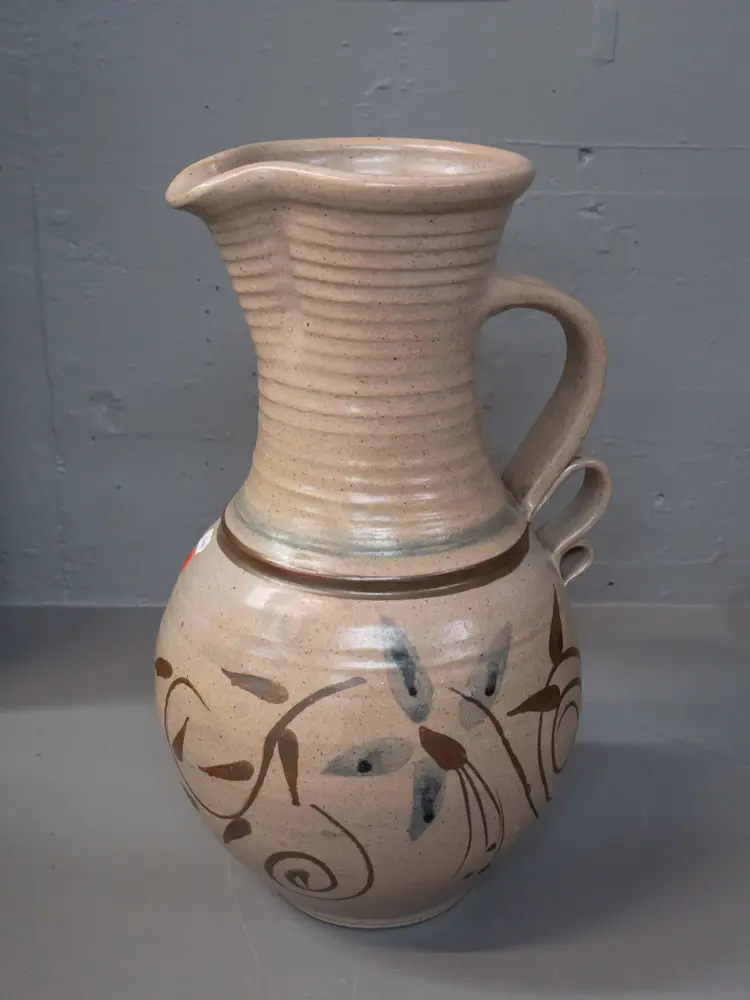 large New Zealand studio pottery ewer shaped jug with ribbed neck, applied handle, scrolling decoration - no maker's Image 1++