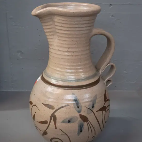 large New Zealand studio pottery ewer shaped jug with ribbed neck, applied handle, scrolling decoration - no maker's