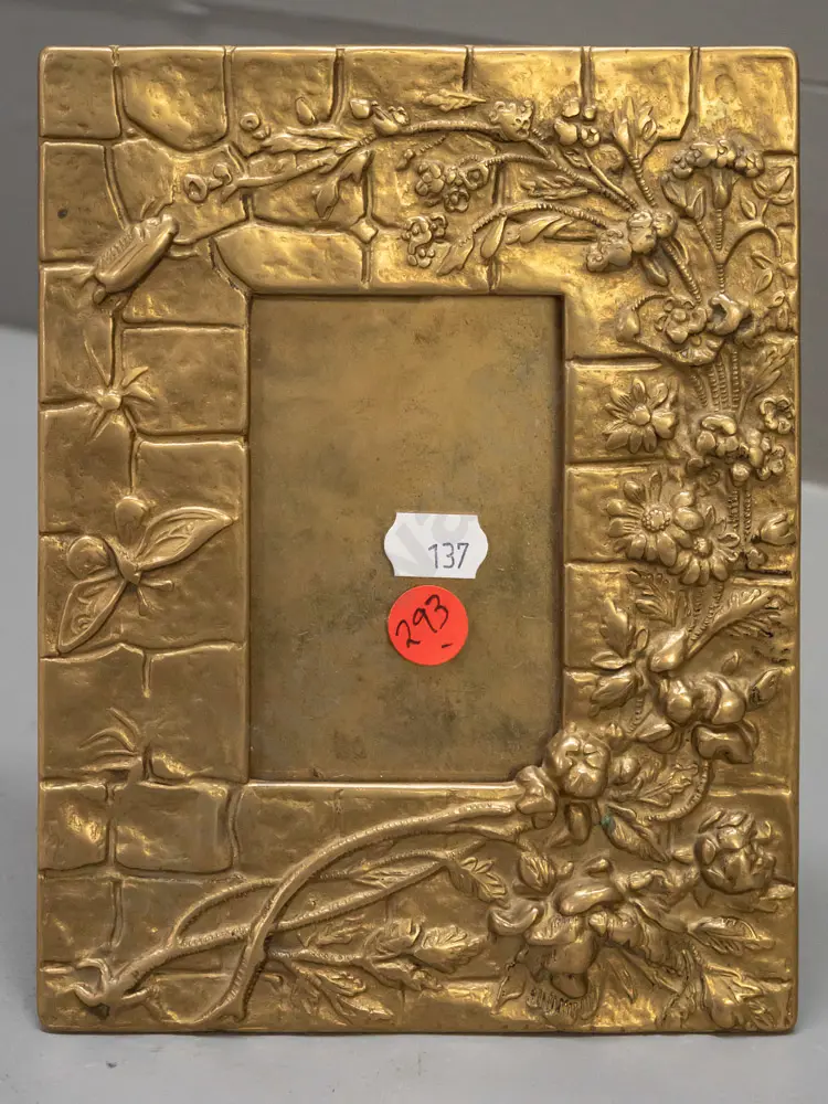 nouveau style solid cast brass picture frame - floral, insect and brickwork motifs - 2 screws missing from backing plate Image 1++