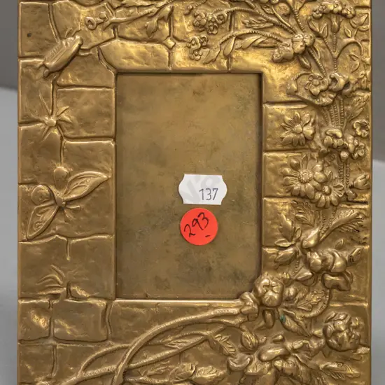 nouveau style solid cast brass picture frame - floral, insect and brickwork motifs - 2 screws missing from backing plate