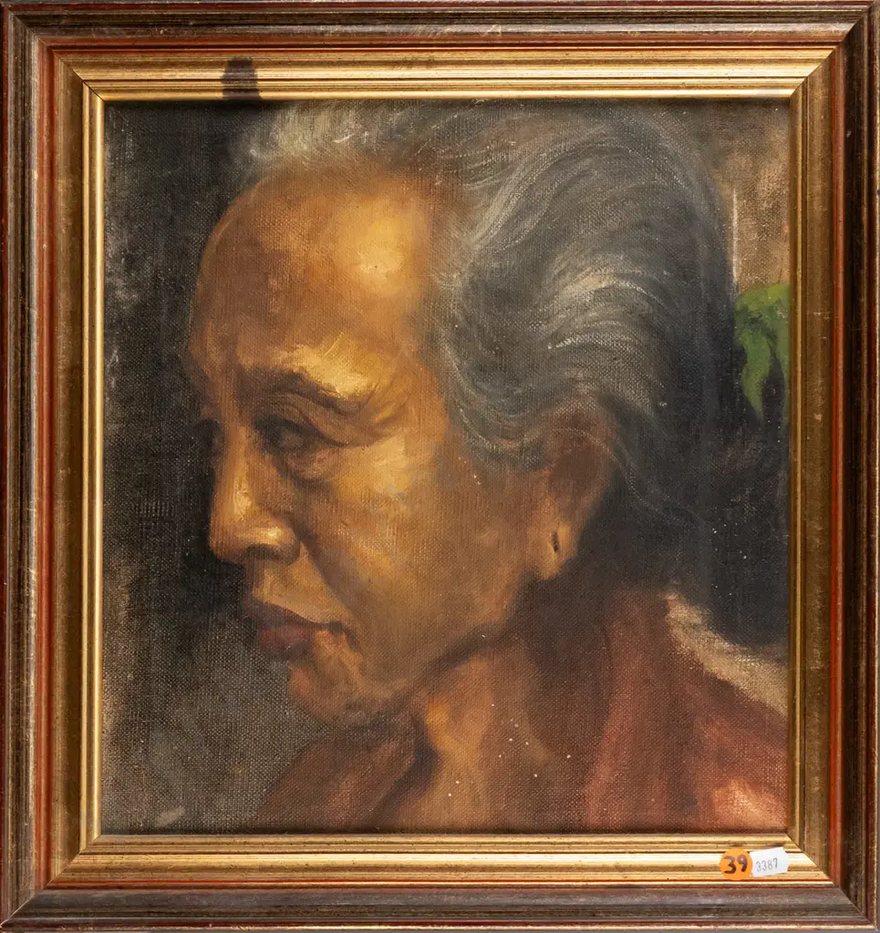 Unknown (Balinese) -- framed oil on canvas, portrait of a woman H-310 W-290 [abrasion from stretcher to canvas, stain to Image 1++