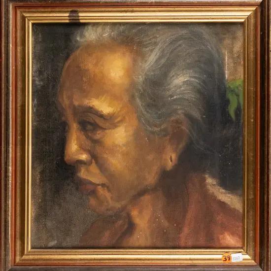 Unknown (Balinese) -- framed oil on canvas, portrait of a woman H-310 W-290 [abrasion from stretcher to canvas, stain to