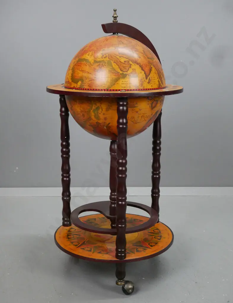 Italian antique style world globe themed drinks trolley with hinged lid, glass and bottle holder insert, turned supports Image 1++