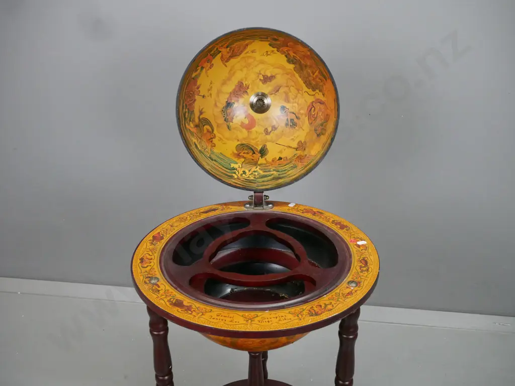 Italian antique style world globe themed drinks trolley with hinged lid, glass and bottle holder insert, turned supports Image 1++