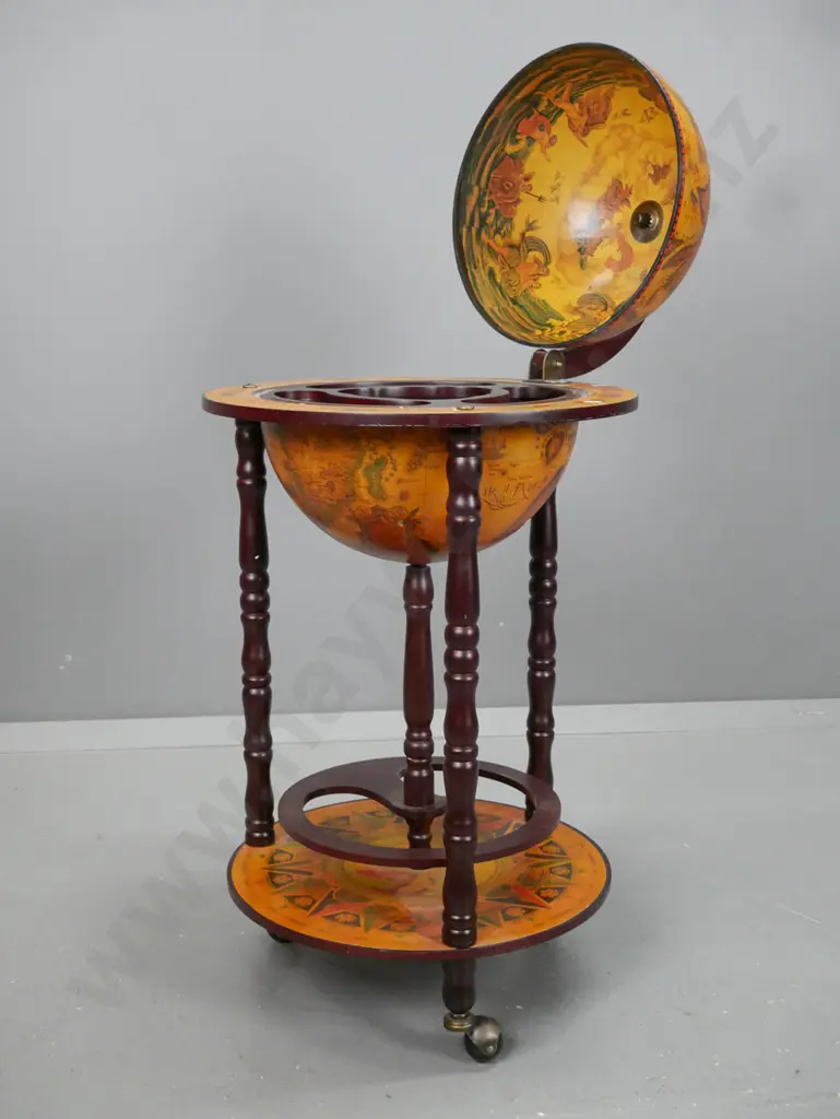 Italian antique style world globe themed drinks trolley with hinged lid, glass and bottle holder insert, turned supports Image 1++