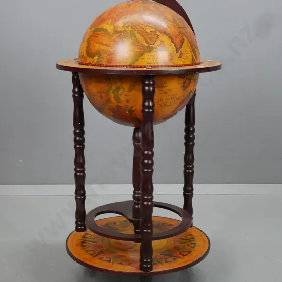 Italian antique style world globe themed drinks trolley with hinged lid, glass and bottle holder insert, turned supports