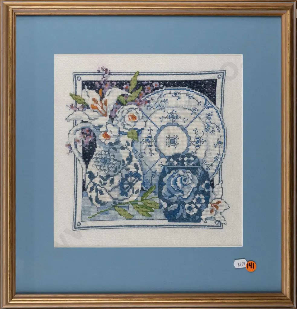 framed cross-stitch, crockery & flowers, H-255 W-245 Image 1++