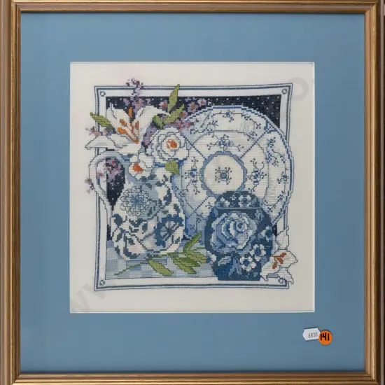 framed cross-stitch, crockery & flowers, H-255 W-245