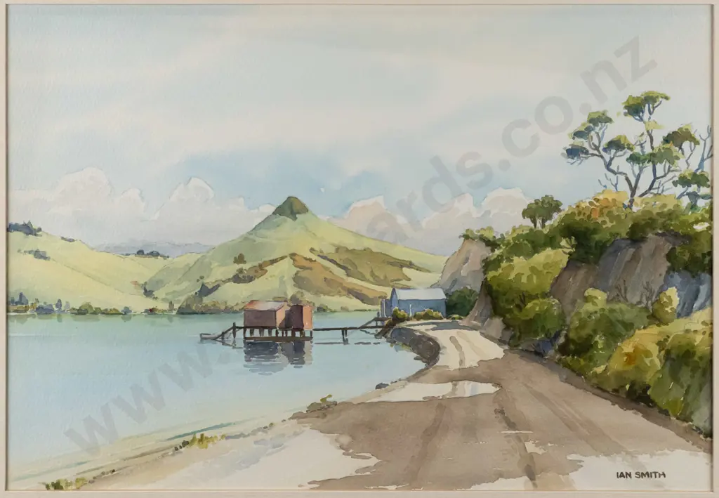 Ian Smith -- framed watercolour "Allans Beach Rd. Dunedin" H-235 W-335 Image 1++
