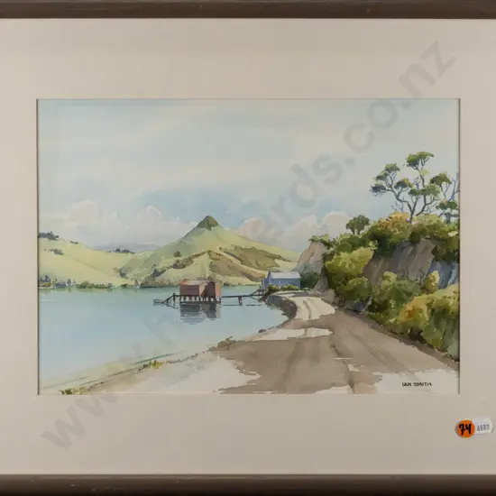 Ian Smith -- framed watercolour "Allans Beach Rd. Dunedin" H-235 W-335