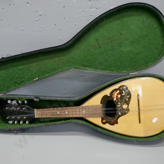 bowl back mandolin with original case, no makers mark, mother of pearl etc inlaid pick guard L-600 [some wear &