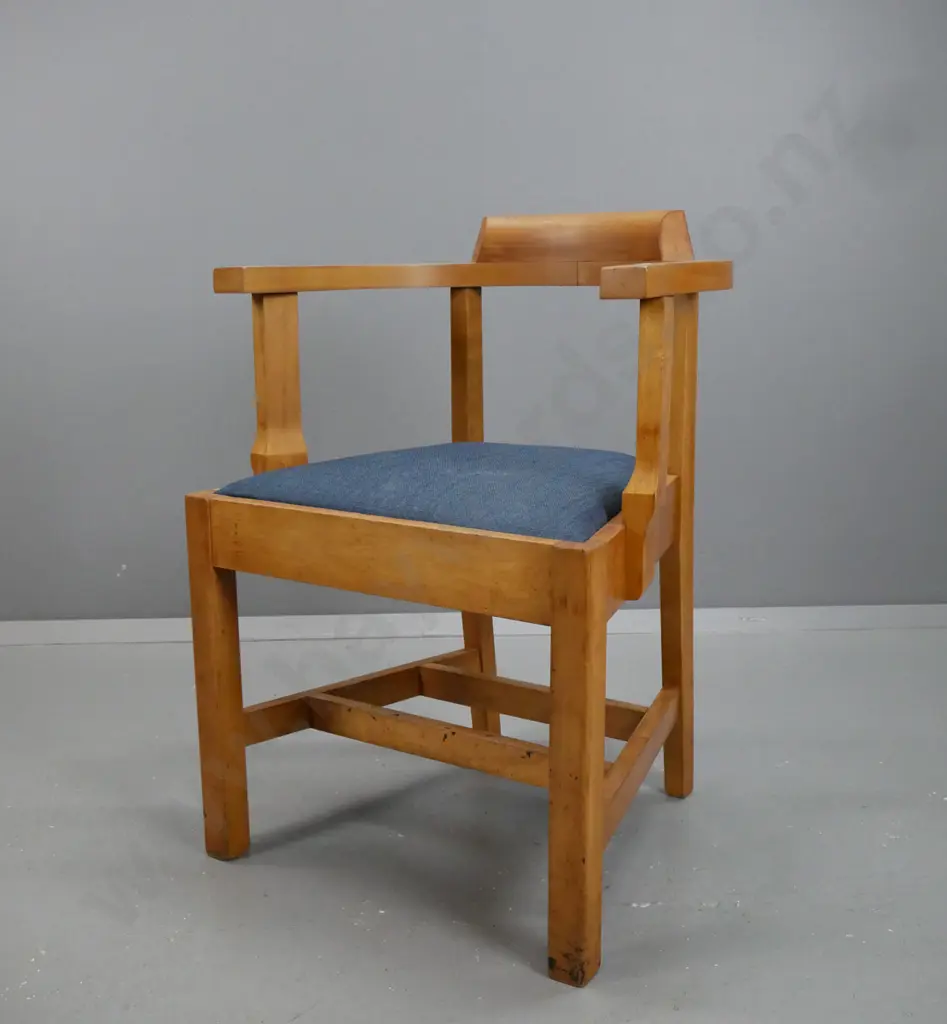 mid-century beech tub chair with stretcher base, blue upholstered pop-out seat, square legs H-780 W-540 D-460 Image 1++