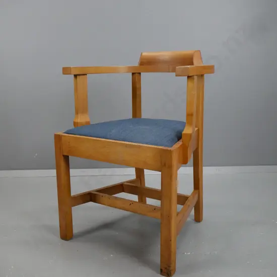 mid-century beech tub chair with stretcher base, blue upholstered pop-out seat, square legs H-780 W-540 D-460