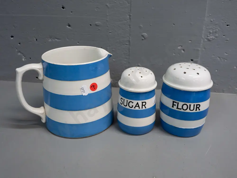 3 pieces T&G Green blue & white Cornish ware - large jug H-130 W-170, flour & sugar shakers Image 1++