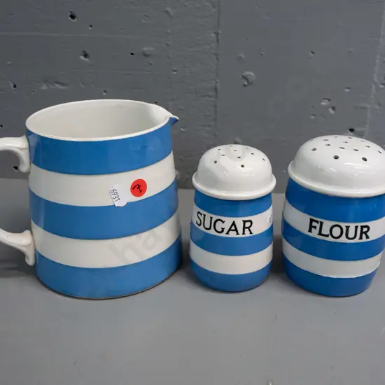 3 pieces T&G Green blue & white Cornish ware - large jug H-130 W-170, flour & sugar shakers