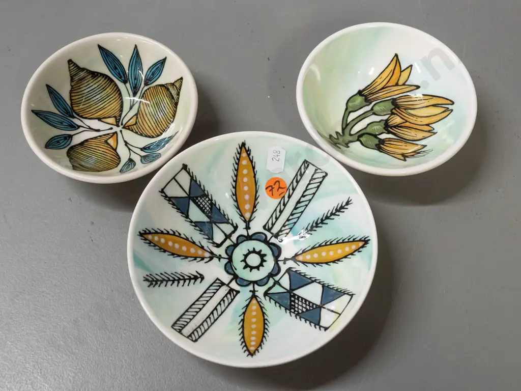 3 studio pottery bowls by Toni Walker / Port Chalmers - shell, kowhai and geometric leaf motifs - largest H-45 D-145 Image 1++