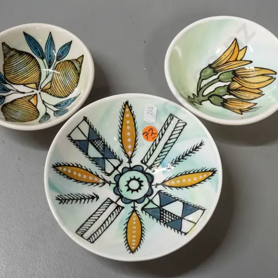 3 studio pottery bowls by Toni Walker / Port Chalmers - shell, kowhai and geometric leaf motifs - largest H-45 D-145