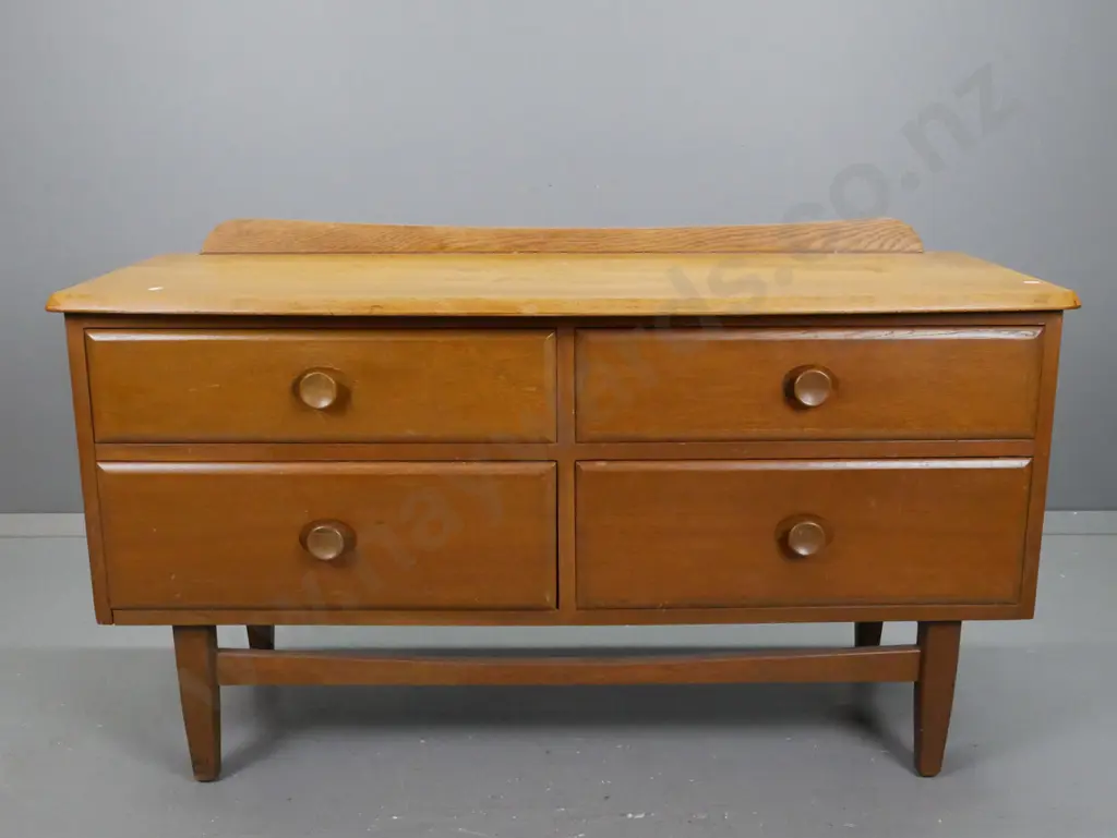 oak & rimu mid-century low 4-drawer chest with turned wooden knobs in slight recess, stretcher base with square Image 1++