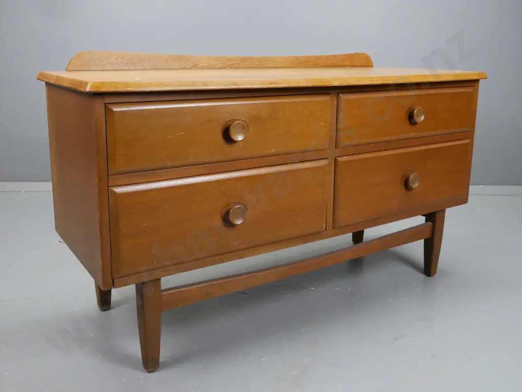 oak & rimu mid-century low 4-drawer chest with turned wooden knobs in slight recess, stretcher base with square Image 1++
