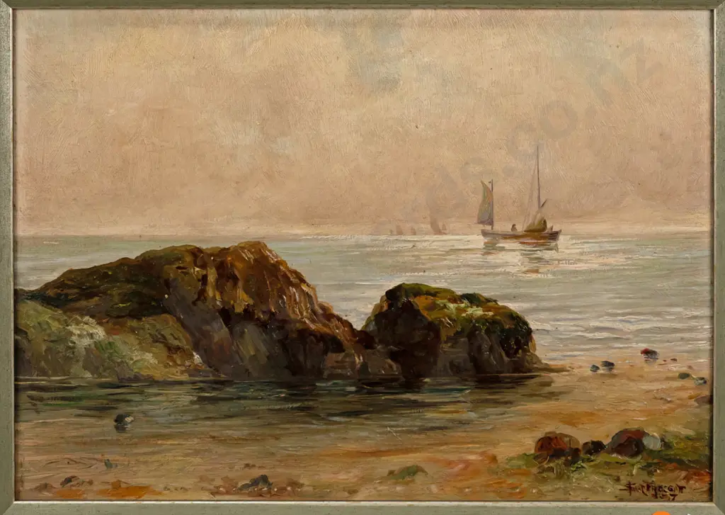 illegible signature (Froggatt?) - gilt-framed oil on board - coastal scene with sailboats H-240 W-340 Image 1++