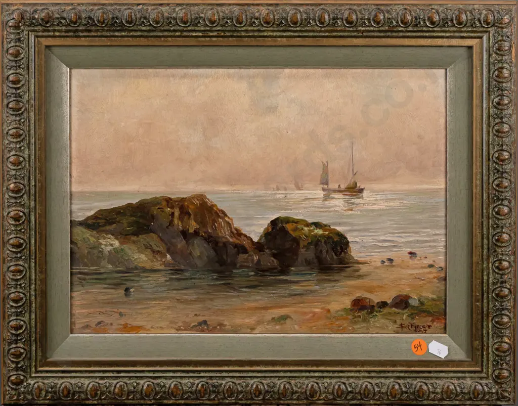 illegible signature (Froggatt?) - gilt-framed oil on board - coastal scene with sailboats H-240 W-340 Image 1++