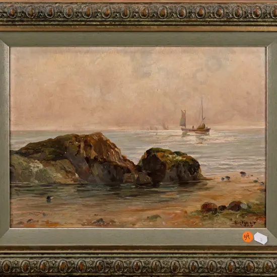illegible signature (Froggatt?) - gilt-framed oil on board - coastal scene with sailboats H-240 W-340