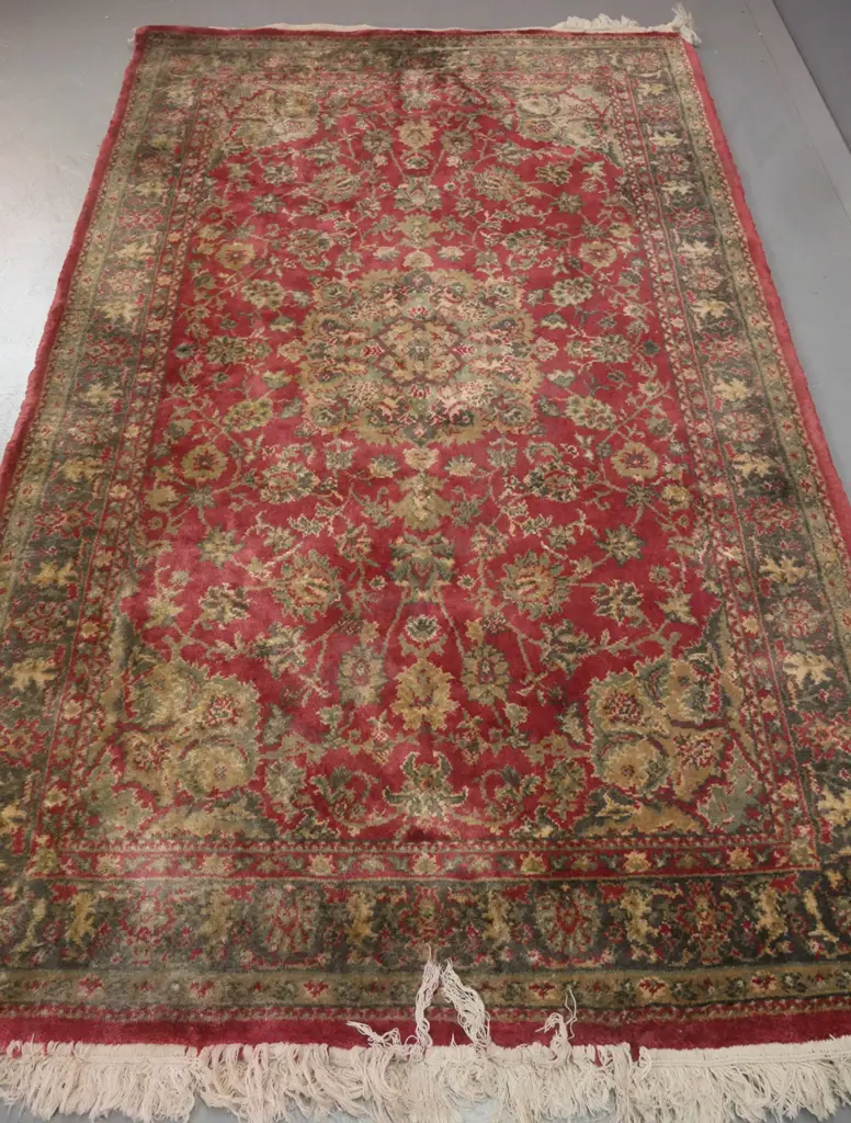 Persian style wool floor rug in red, green & gold - repairs, wear and dye run in fringe, some overall staining 2060x1250 Image 1++