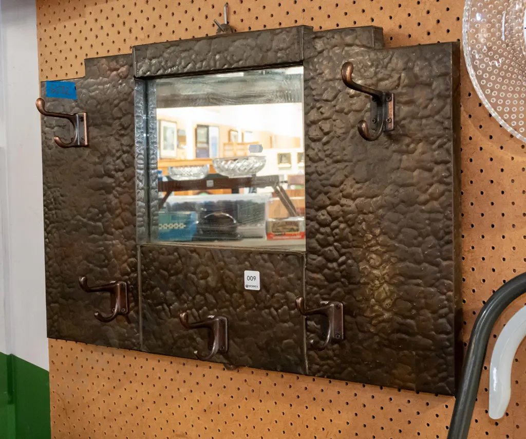beaten copper wall mounted coat hooks and mirror Image 1++