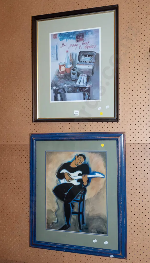 2x framed prints - guitar playing, artist's table - yellow dots Image 1++
