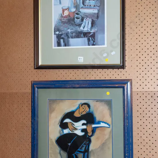 2x framed prints - guitar playing, artist's table - yellow dots