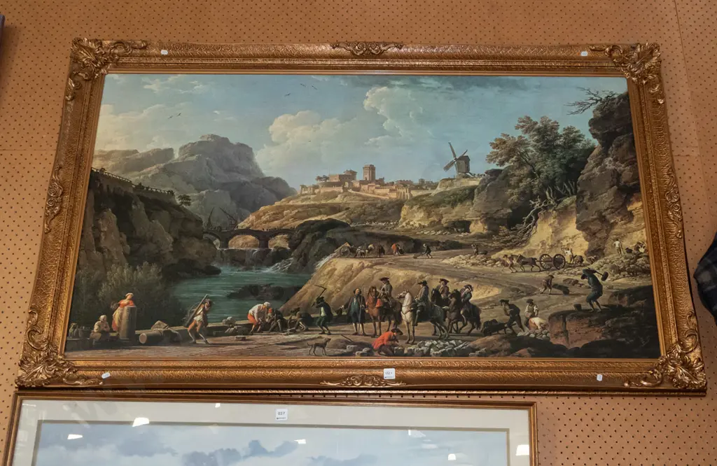 large gilt framed print - constructing a main road H950 W1520 Image 1++