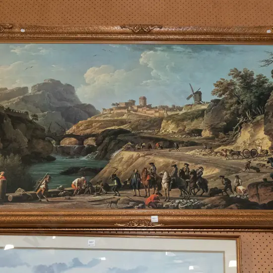 large gilt framed print - constructing a main road H950 W1520