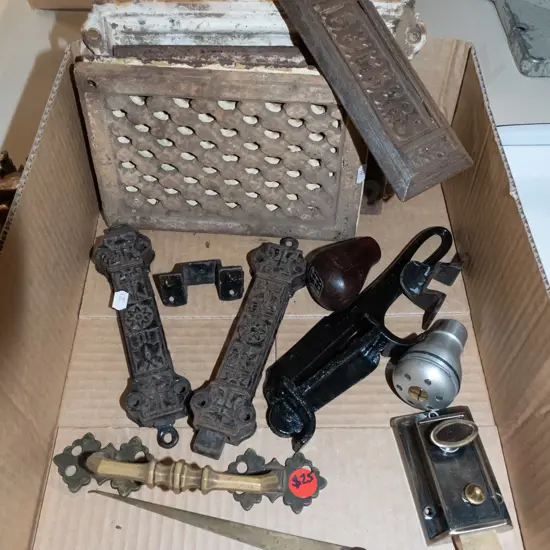 box; Victorian cast iron air vent covers, letter slot, locks etc