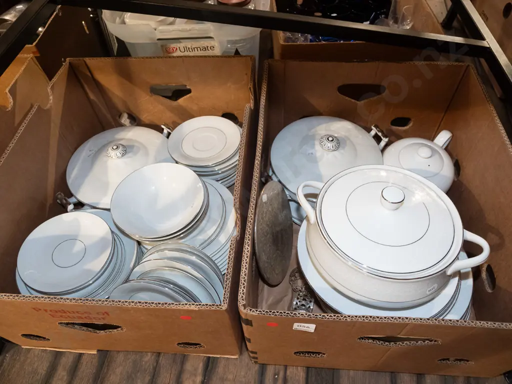2x boxes; Japanese bridal lace dinner items; plates, bowls etc - red dots Image 1++