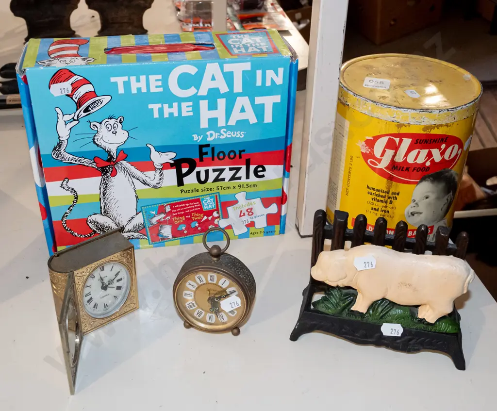 Cat in the Hat puzzle, vintage Glaxo tin, alarm clocks etc Image 1++