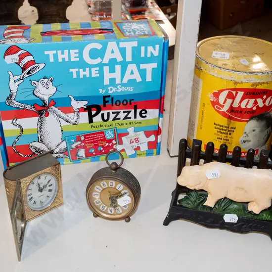 Cat in the Hat puzzle, vintage Glaxo tin, alarm clocks etc