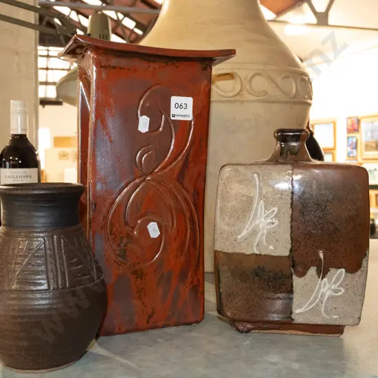 2x slab pottery vases, 1 other vase H310