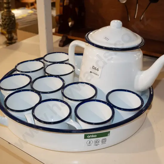 enamel tray, teapots, cups