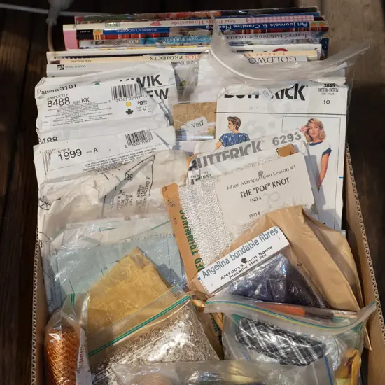 box; sewing and craft books, patterns, fibres etc