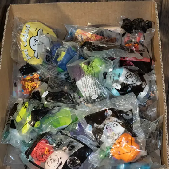 box; McDonalds happy meal toys