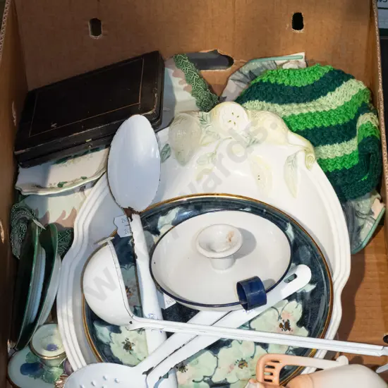 box; bowls, plates, enamel utensils etc