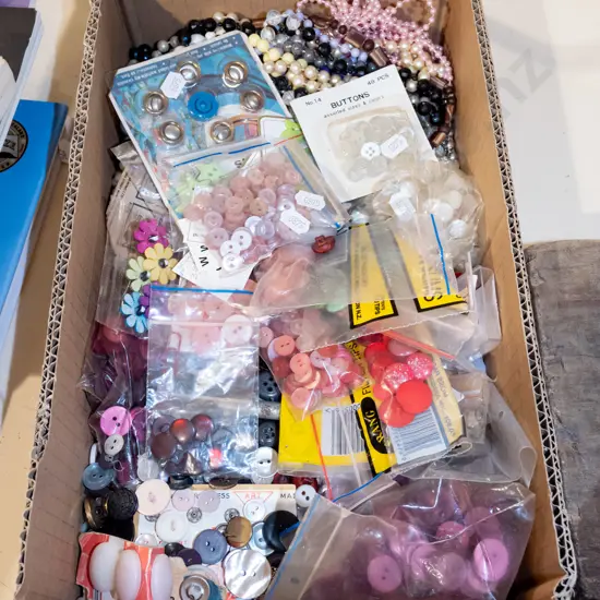 box; beaded necklaces, buttons etc
